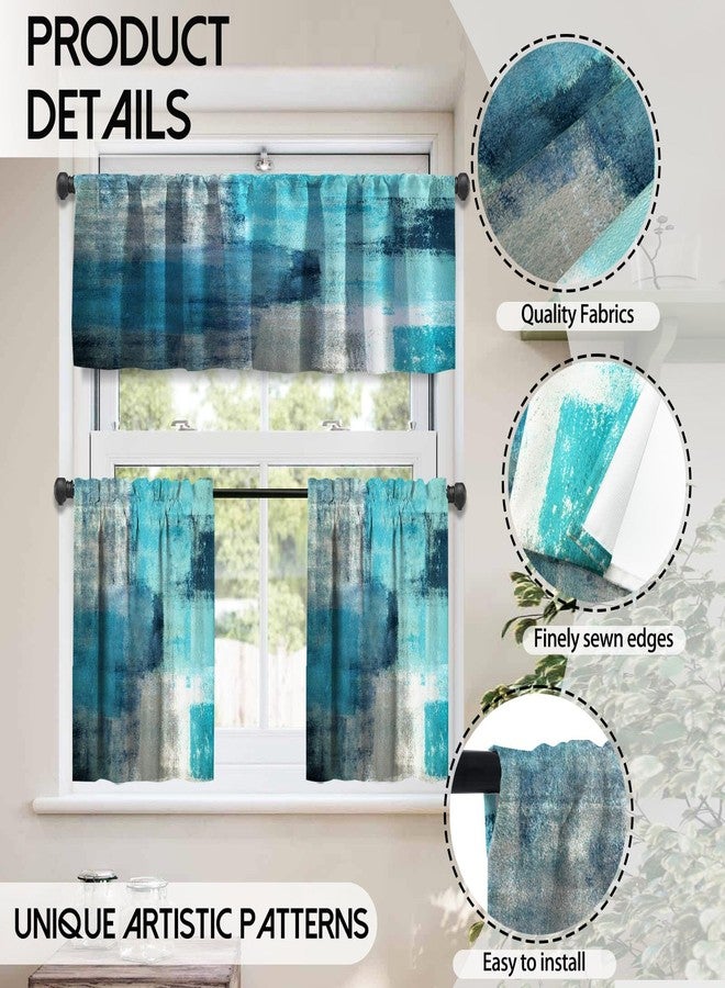 MCALK Turquoise Blackout Kitchen Curtains Tiers and Valances Set 3 Piece for Windows Grey Kitchen Window Curtains Set,Modern Abstract Art Valances for Living Room(36" Tiers Set) - Image 2